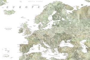 Mappa Detailed map of Europe in green watercolor, Blursbyai