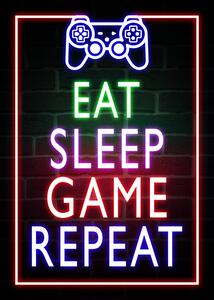 Illustrazione Eat Sleep Game Repeat-Gaming Neon Quote, (30 x 40 cm)
