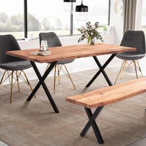 WOHNLING Tavolo da pranzo 120x60x76 cm Legno massello di acacia / metallo Tavolo da pranzo con bordo naturale Tavolo da cucina massiccio con gambe a X in nero Tavolo in legno Tavolo da pranzo