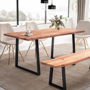 WOHNLING Tavolo da pranzo 120x60x76 cm Legno massello di acacia / metallo Tavolo da pranzo con bordo naturale Tavolo da cucina massiccio con gambe trapezoidali in nero Tavolo in legno