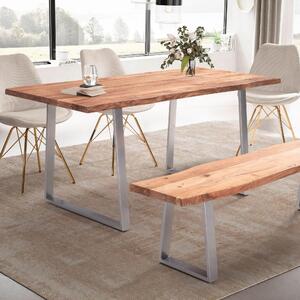 WOHNLING Tavolo da pranzo 120x60x76 cm Legno massello di acacia / metallo Tavolo da pranzo con bordo naturale Tavolo da cucina massiccio con gambe trapezoidali cromate Tavolo in legno Tavolo da pranzo