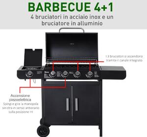 Outsunny Barbecue a Gas a 5 Fornelli con Ripiani Laterali e Armadietto, in Acciaio e PP, 125x51x100 cm, Nero