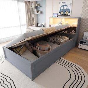 Divano letto 90x200 cm in legno di pino, colore grigio, con meccanismo a sollevamento idraulico e spazio contenitore, dotato di una striscia LED e di una presa di corrente, ideale per piccoli ambienti