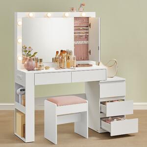 VASAGLE, tavolino da toilette con illuminazione a LED, tavolino da toilette con specchio, portagioie, ciabatta elettrica, 40 x 125 x 140 cm, tavolino per cosmetici con cassetti