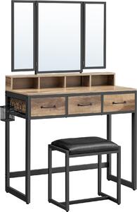 VASAGLE - Tavolino da toilette con sgabello, specchio pieghevole, porta-asciugacapelli, rovere-marrone-nero