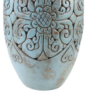 Vaso Decorativo Alto Turchese Argilla 52 cm Vaso Da Terra Dipinto A Mano Motivo Floreale Intagliato Beliani