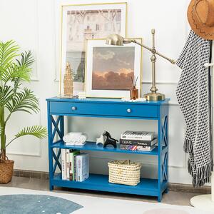 Costway Tavolo da ingresso per salone e corridoio con 1 cassetto e 2 mensole, Tavolino da parete con 3 livelli Blu
