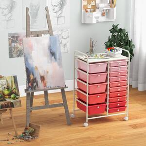 Costway Carrello con 15 cassetti estraibili e ruote con freno, Carrello multiuso per casa ufficio scuola Rosa