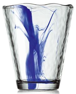 Bicchiere acqua in vetro trasparente con striature blu cobalto e bordi irregolari. Grandissima resistenza agli urti e agli sbalzi termici