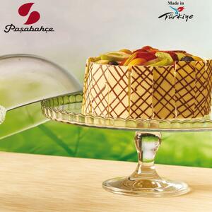 Elegante piatto torta in vetro trasparente con campana di protezione e piede di appoggio dove tenere in bella mostra e a portata di mano torte, frutta e dolci vari