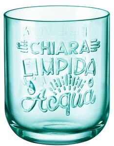 <p>Bicchiere tondeggiante in vetro colorato con una divertente e piacevolissima incisione del vetro CHIARA E LIMPIDA ACQUA stile Art Decò, che tanti ricorda i segni grafici degli anni &#39;30.</p>