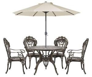 Set da pranzo da giardino tavolo rotondo da esterno alluminio marrone e ombrellone 4 sedie vintage Beliani