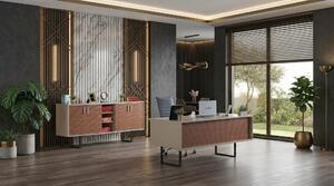 Set da ufficio color beige, composto da una scrivania grande, un armadio e elementi moderni per l'arredamento di uno studio