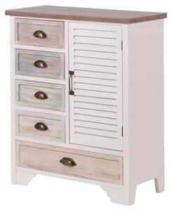 Comodino, 5 cassetti, 1 anta, legno di pino, stile shabby chic, 71x33x88 cm