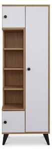 Libreria bianca in legno, mobile contenitore con ripiani, arredamento di design, soggiorno
