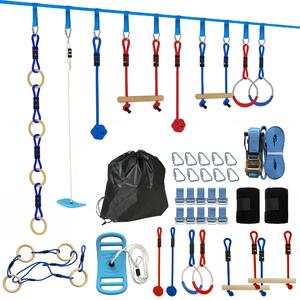 AIYAPLAY Ninja Line Bambini 10m Set Slackline 9 pezzi con 2 anelli ginnici, altalena 3-in-1, 2 sbarre da arrampicata per 3-8 anni Multicolore | Aosom Italy