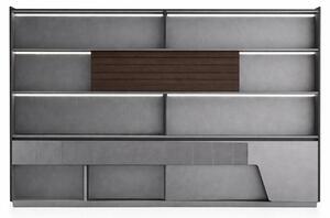Moderno armadio da ufficio con ripiani in legno, illuminazione a LED e spazio contenitivo