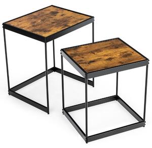 Costway Set di 2 tavolini da caffè con struttura in acciaio resistente, Tavolini quadrati a nido retrò di legno Marrone