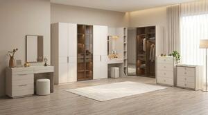 Set per camera da letto beige, moderno, con armadio ad angolo, comodini e specchio