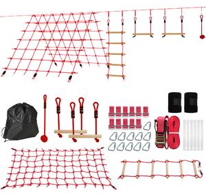 AIYAPLAY Ninja Line Set Slackline per Bambini 10 m con Anelli, Altalena, Scala da Arrampicata, Rete da Arrampicata per 3-6 anni 1000x300x180 cm Rosso | Aosom Italy