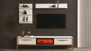 Mobile TV a basso, pensile, scaffale a parete, stile moderno, bianco, camino