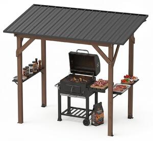 KOMFOTTEU, Gazebo in legno per barbecue, con copertura e 2 ripiani laterali, tetto in metallo inclinato, struttura per barbecue da esterno resistente alle intemperie, ideale per terrazza, giardino, prato o cortile, dimensioni 263 x 151 x 223 cm