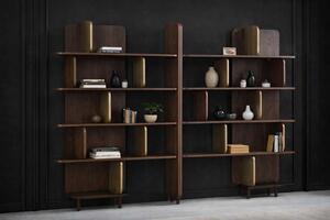 Libreria moderna in legno marrone con dettagli dorati, design elegante