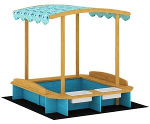 AIYAPLAY Sabbiera per Bambini in Legno con Tetto 3 Panchine 2 Cassette in PP Rivestimento per Bambini 3-6 Anni 128x118x121 cm Blu | Aosom Italy