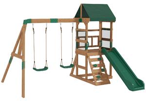 AIYAPLAY Torre gioco struttura d'arrampicata in legno con scivolo 2 altalene parete da arrampicata per 3-8 anni 315x284x233 cm Verde | Aosom Italy