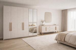 Set completo per camera da letto composto da: armadio grande, consolle in legno bianco e specchio