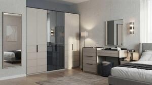 Armadio con ante in vetro, tavolino da trucco beige e nero, set moderno ed elegante