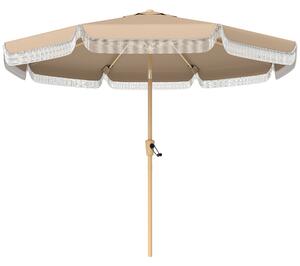 Outsunny Ombrellone da giardino esterno 266 cm, ombrellone inclinabile, frange, manovella, 8 stecche, telo in poliestere 180 g/m², kaki | Aosom Italy