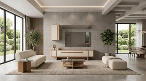 Libreria per soggiorno, stile moderno, colori beige e marrone, mobile contenitore