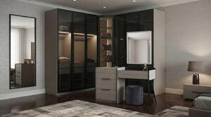 Armadio a vetro, tavolino da trucco, beige, nero, design moderno ed elegante, set con specchio