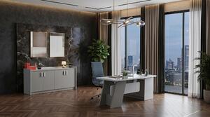 Set da ufficio grigio: scrivania, armadio, mobili di design, moderna postazione di lavoro