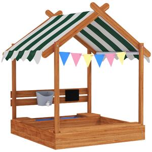 Outsunny Sabbiera per Bambini con Tenda 6 Bandierine 2 Vaschette Rubinetto e Lavagna a Casetta per Patio 124x116x146 cm Arancione | Aosom Italy