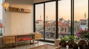 Mobile parete, armadio, credenza, soggiorno, stile moderno, colore marrone, pratico, decorazioni, camino
