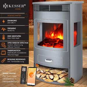 KESSER® Prio: caminetto elettrico con riscaldamento, ventilatore, telecomando, app WiFi, 950/1900 W, effetto fiamma LED, caminetto elettrico con termostato, finestra panoramica, funzione di riscaldamento, timer