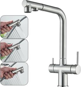 Rubinetto da cucina filtrato, doppia maniglia, doccetta estraibile, nichel spazzolato