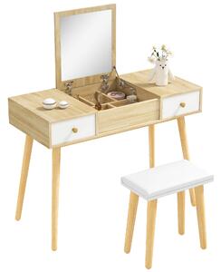 HOMCOM Set da toletta con specchio ribaltato sgabello imbottito 2 cassetti 5 vani di stoccaggio per casa bianco