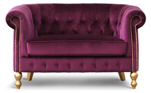 Divano Chesterino in velluto viola con gambe e borchie oro