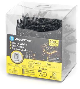 Aigostar - Catena luminosa natalizia LED da esterno 200 LED/8 funzioni 3xAA 5,3 m IP44 bianco caldo