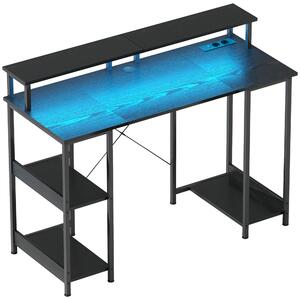 HOMCOM Scrivania per PC Reversibile con Prese Elettriche, Luci, Supporto Monitor e Scaffale, 120x50cm, Nero