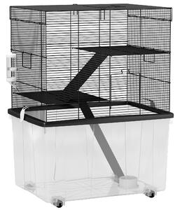PawHut Gabbia per Criceti 3 Piani con Ruote, 2 Piattaforme, Rampe, Ciotola e Bottiglia, 58x43x74 cm, Nero