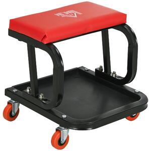 HOMCOM Sgabello da Officina Imbottito con Ruote e Vassoio Porta Attrezzi in Acciaio e PU, 38x35x37cm, Rosso|Aosom