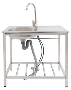 Lavello da incasso in acciaio inossidabile - Lavello da cucina e da lavoro con struttura - Lavello con un unico vano profondo - Include miscelatore girevole a 360° - Con tubo di scarico - Argento