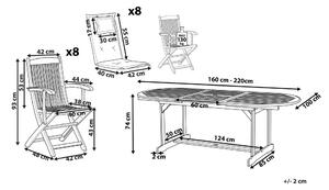 Set da pranzo per esterni in legno di acacia chiaro con cuscini grigio scuro tavolo a 8 posti sedie pieghevoli design rustico Beliani