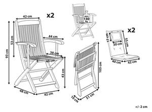 Set di 2 sedie da pranzo da giardino in legno chiaro con cuscino bianco struttura in legno di acacia pieghevole design rustico Beliani