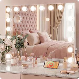 Specchio trucco Hollywood bianco 58x48cm da tavolo con 15 LED, luce regolabile, altoparlante Bluetooth e ingrandimento 10X
