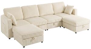 HOMCOM Divano Modulare a U 4 Posti con 2 Pouf Contenitori in Velluto a Coste, 4 Cuscini, Bianco Crema | Aosom Italy
